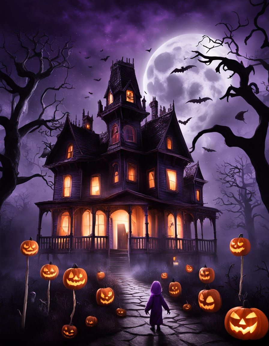 Children Trick-Or-Treat at Haunted House on Halloween Night