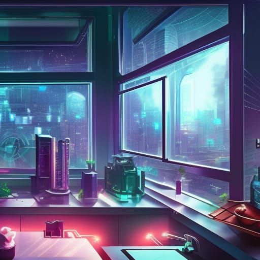 Cyberpunk Kitchen Overlooking Sapphire City Lights