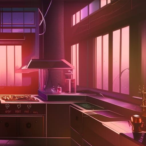 Cyberpunk Kitchen with Sapphire City View