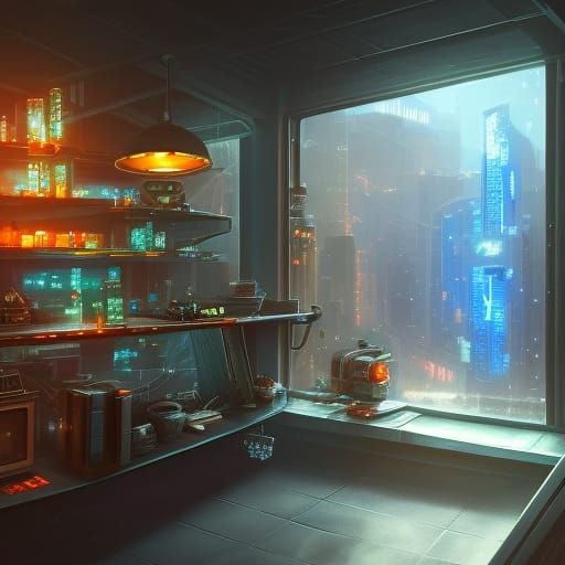 Cyberpunk Kitchen Overlooking Sapphire City Lights