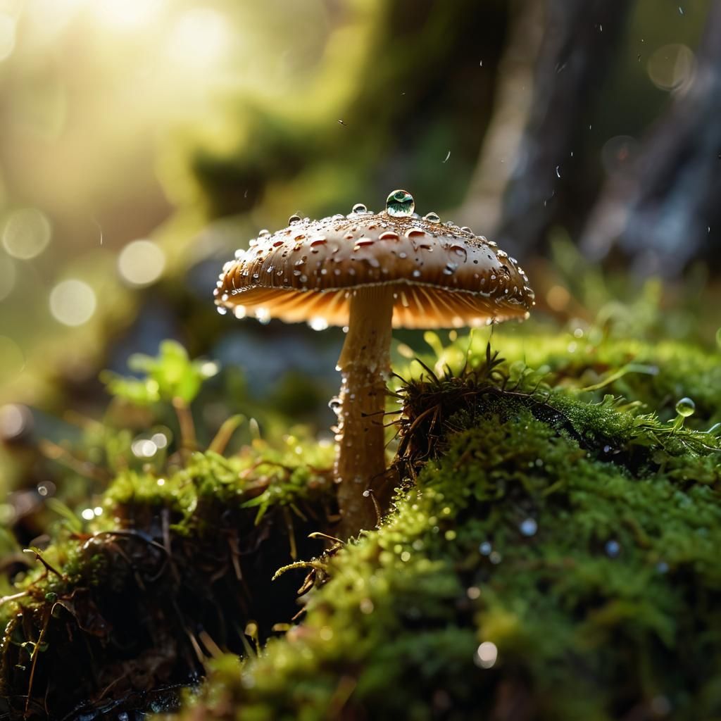 Glistening Mushroom Macro in Misty Forest