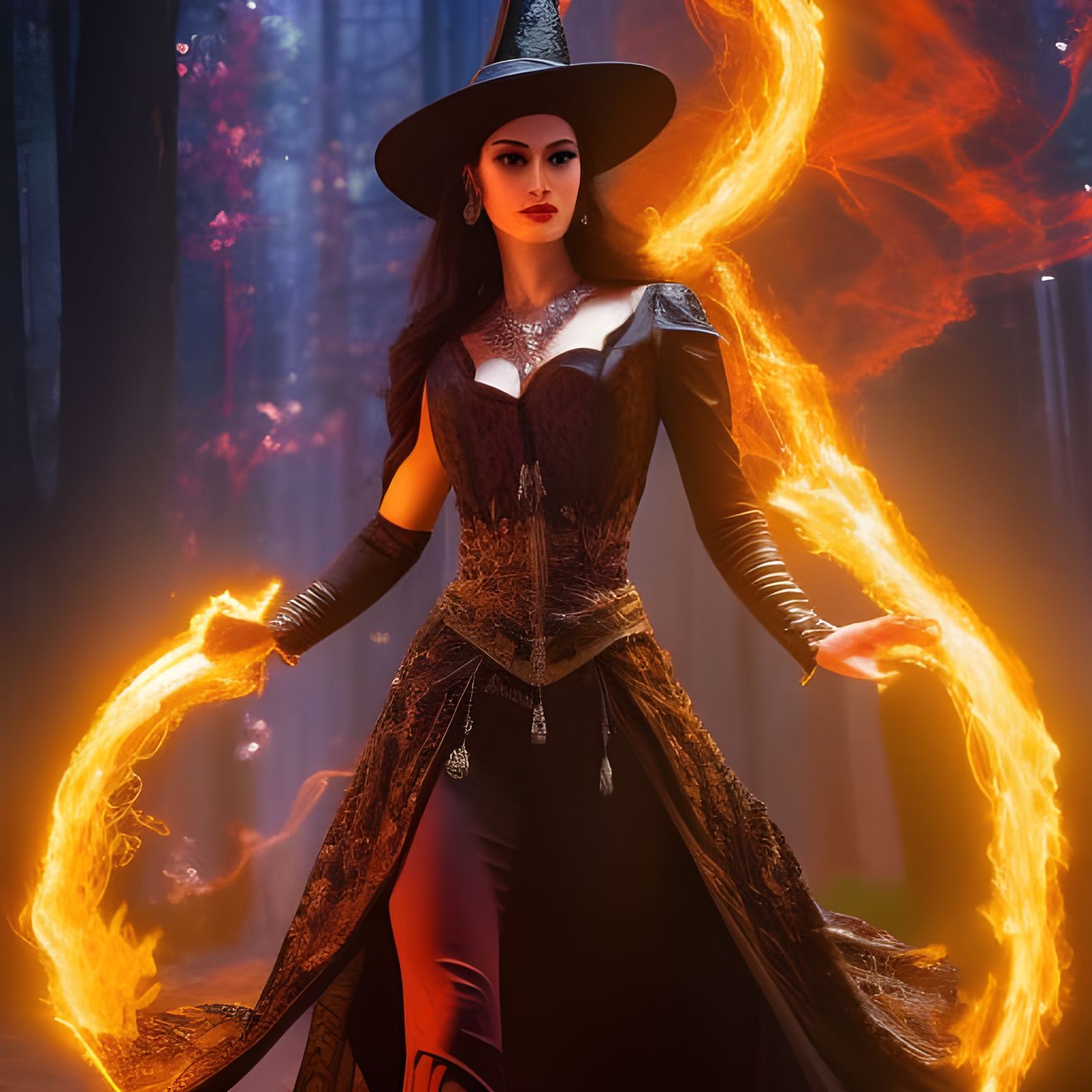 Witch Creates Circle of Fire: Fantasy Art Portrait