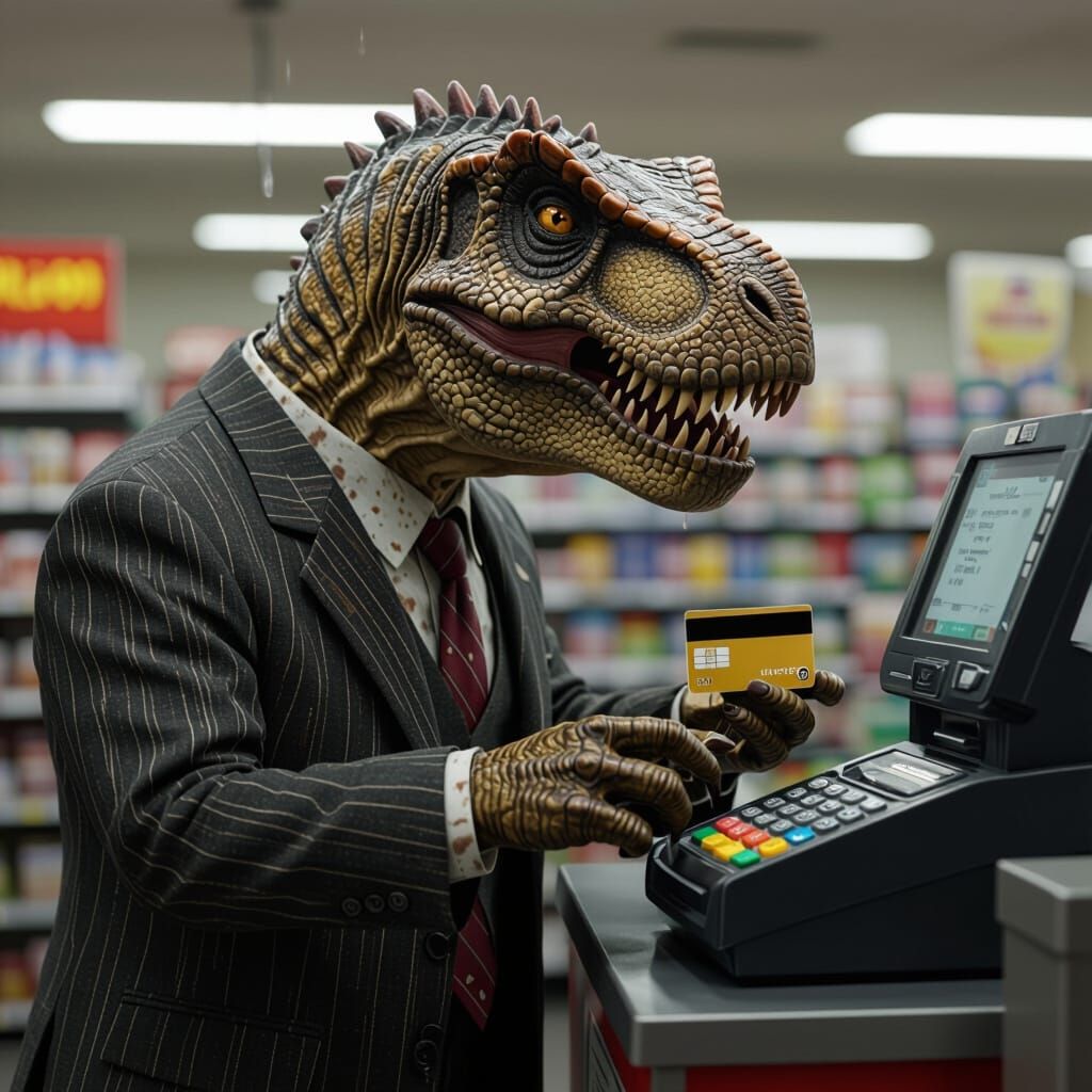 T-Rex Struggles With Credit Card in Realistic Style