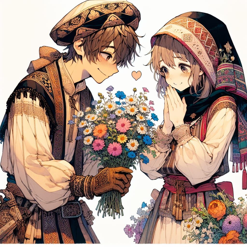 Medieval Fantasy Romance: Shy Boy Offers Wildflowers to Swee...