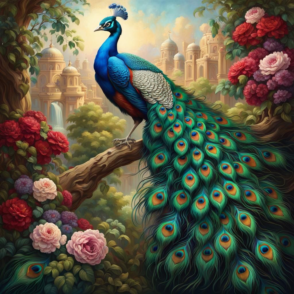Glamorous Peacock Portrait in Hyperrealistic Digital Art