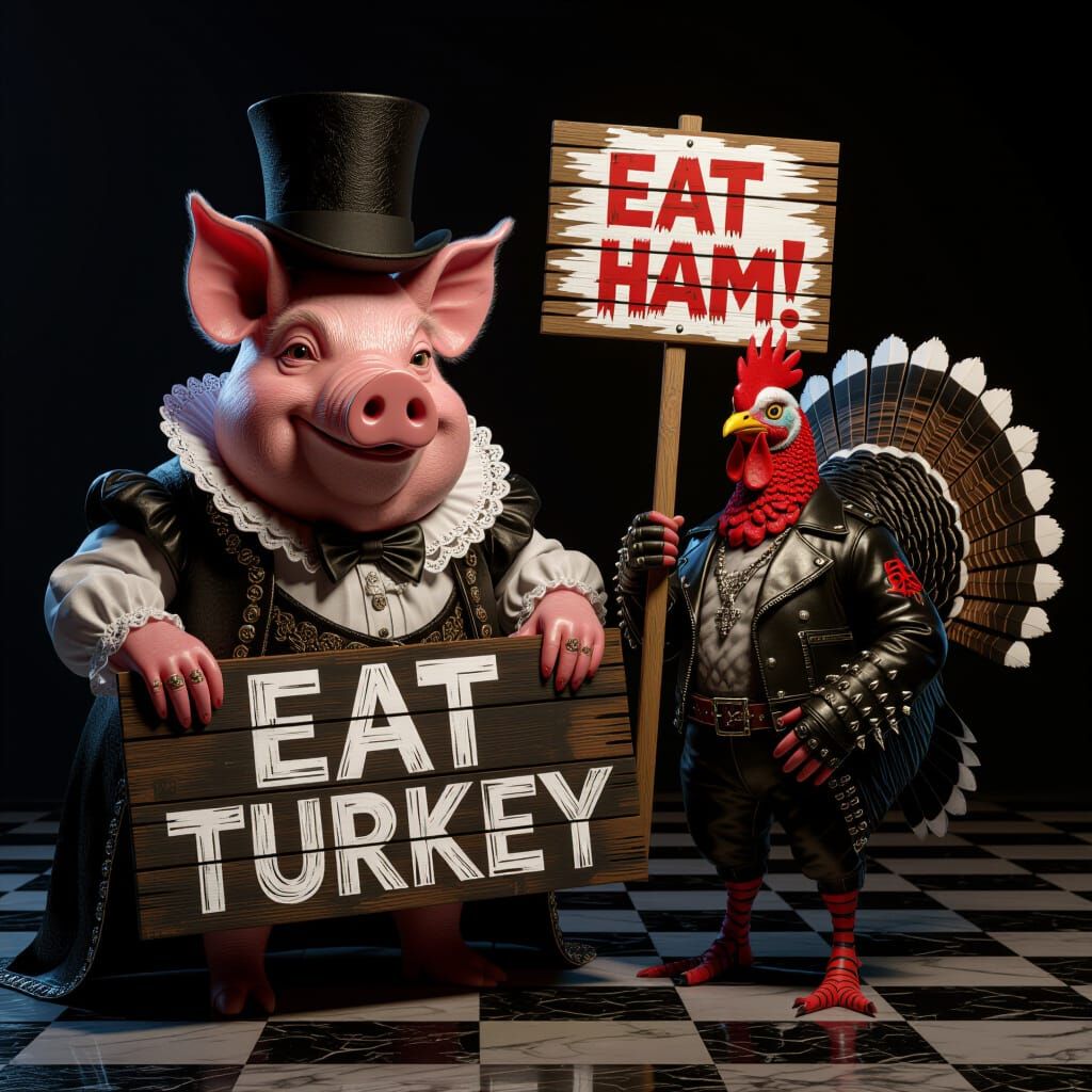 Surreal Baroque Pig and Punk Turkey Debate Food Choices