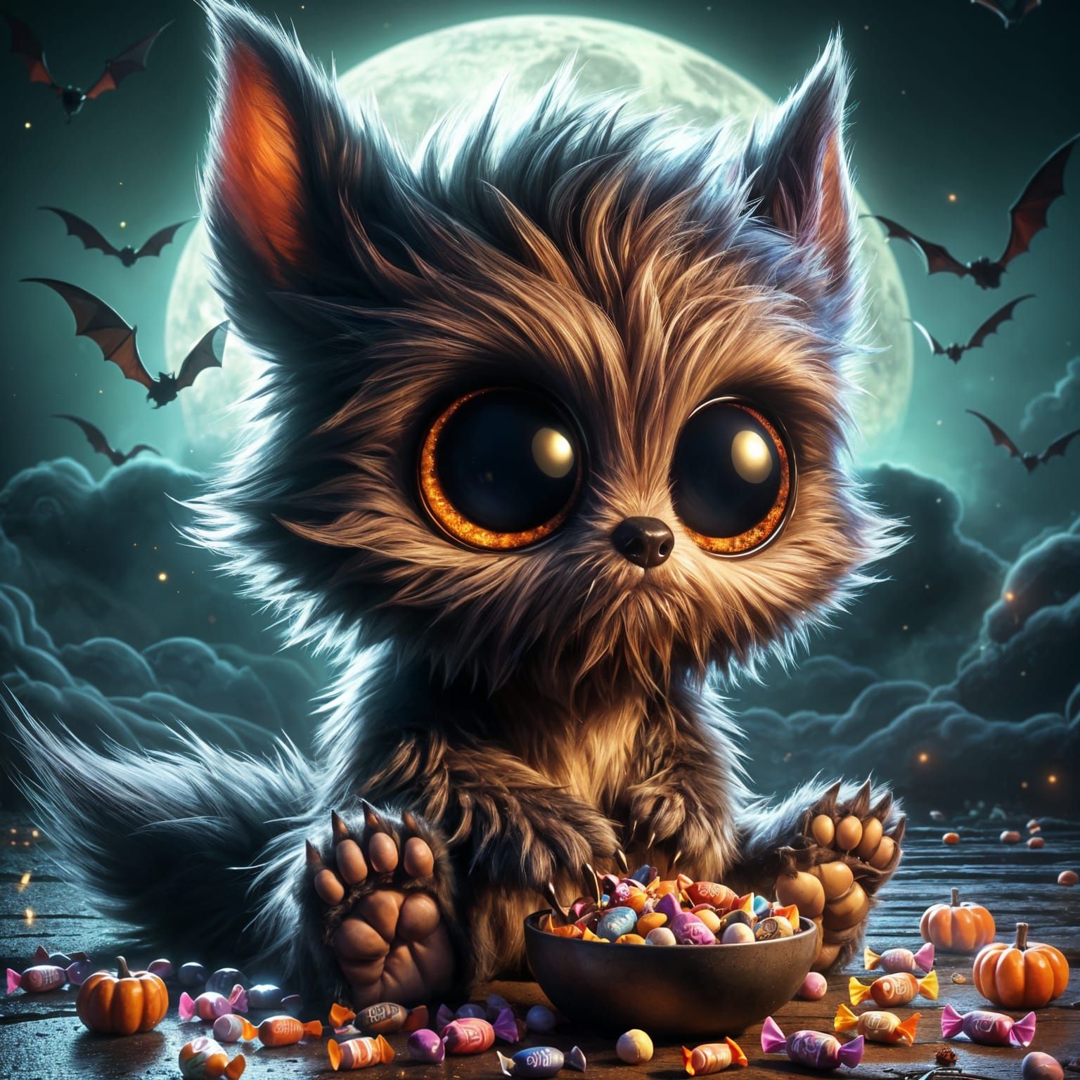 Cute Fluffy Werewolf Eats Halloween Candy Under Full Moon