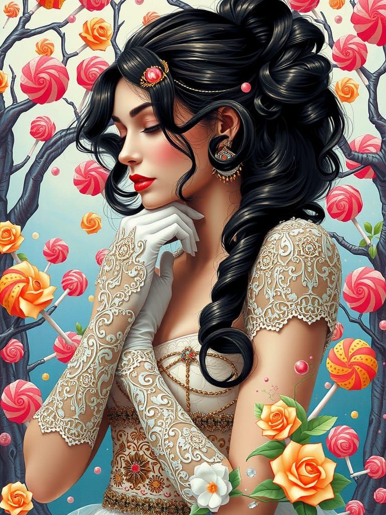 Dreamlike Candyland Woman in Gouache Style