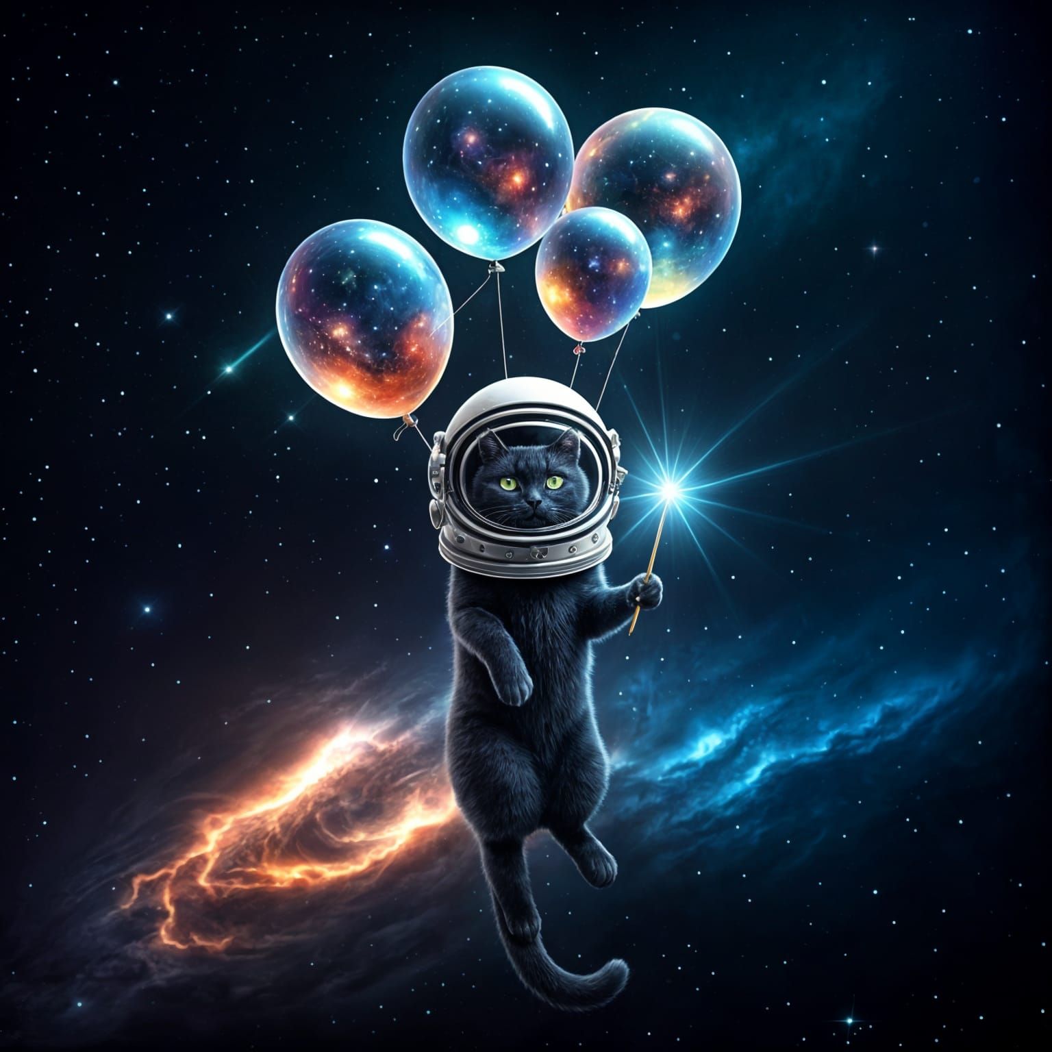 Black Cat Astronaut in Space with Cosmic Balloons