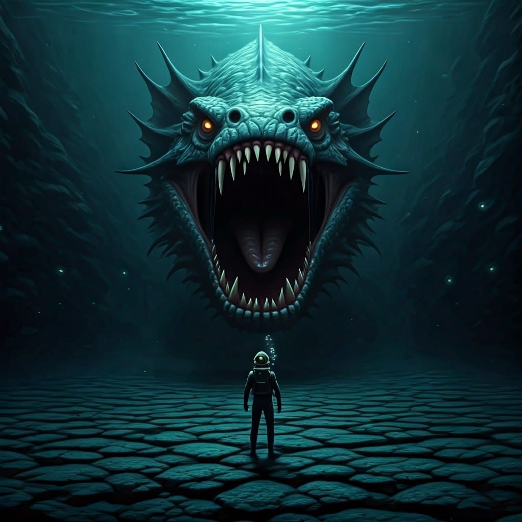 Diver Confronts Jormungandr-Inspired Sea Monster