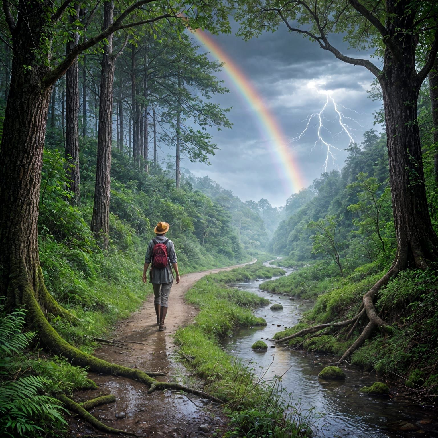 Rainy Forest Scene with Thunderstorm and Rainbow