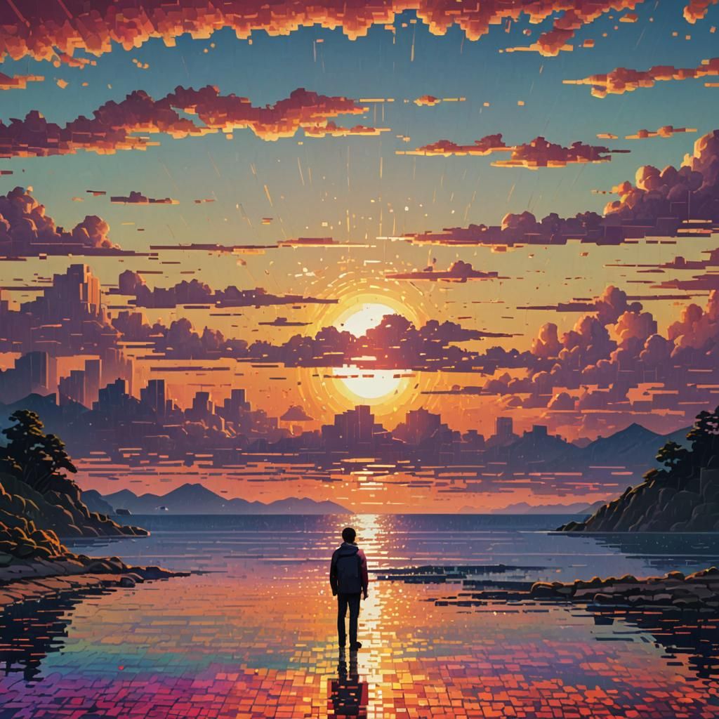 Vibrant Pixel Art Sunset in 8-Bit Style