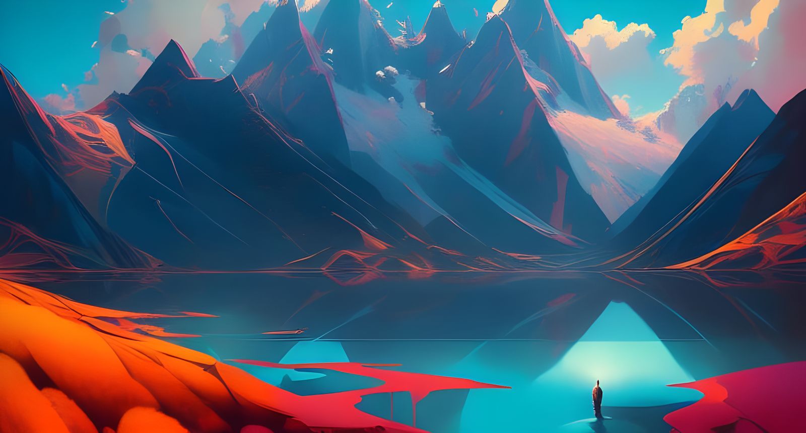 Lush Mountain Range and Lake in Comic Art Style