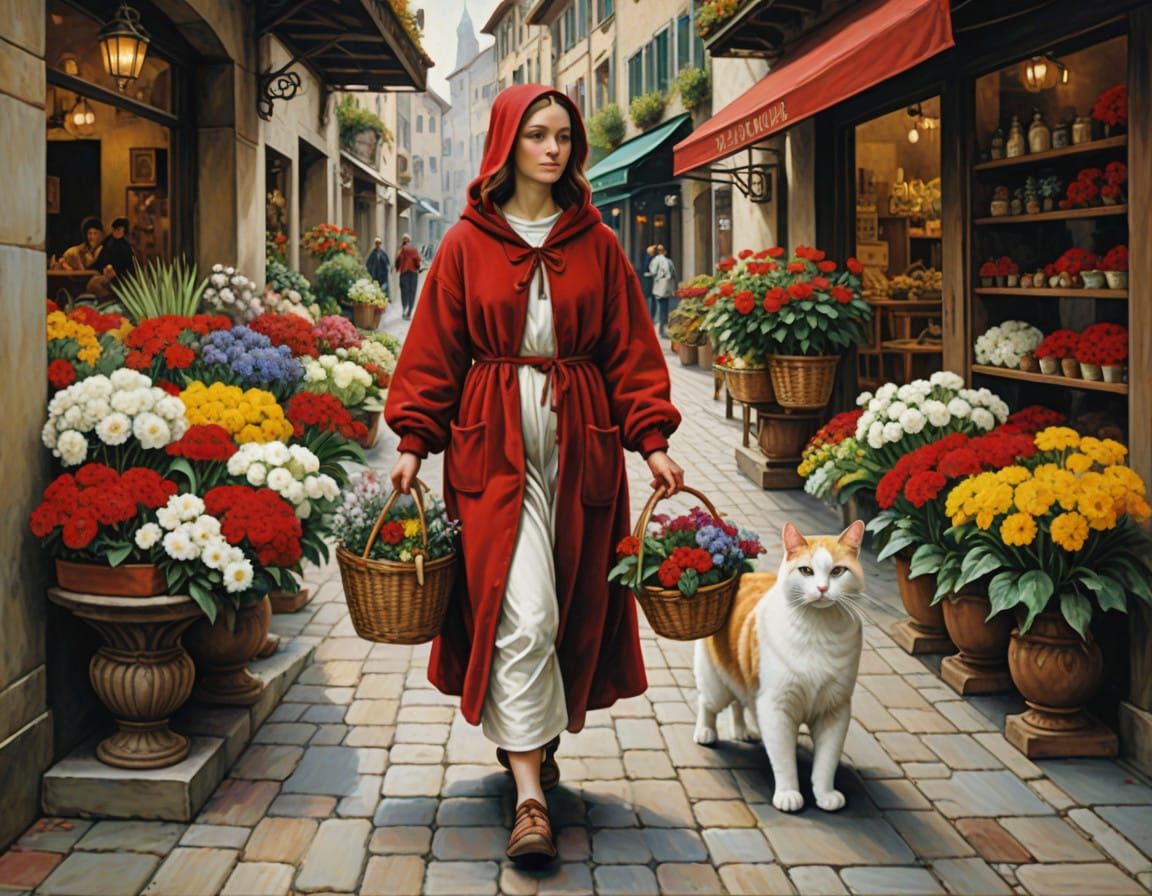 Blossoming Beauty: Renaissance Girl and Feline Encounter