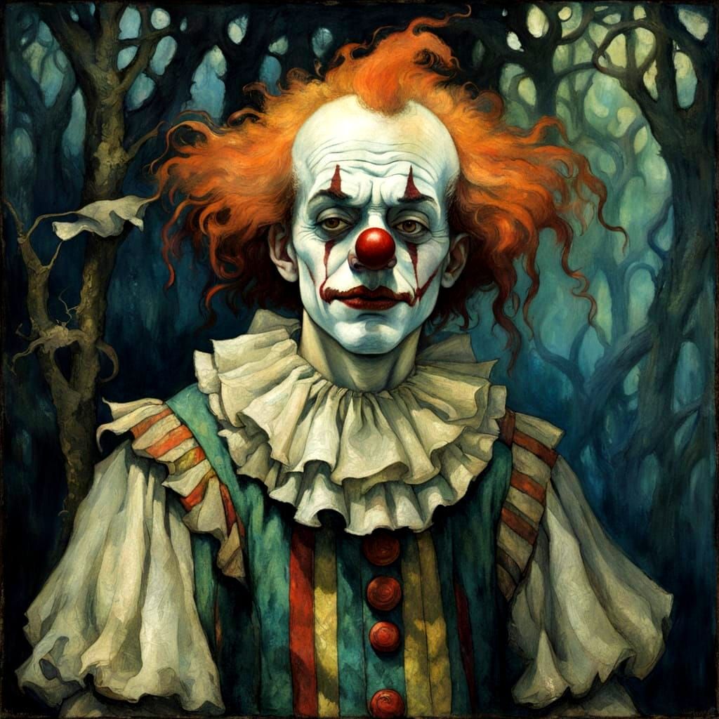 Sorrowful Clown in Misty Glade, Dark Fantasy Oil Painting