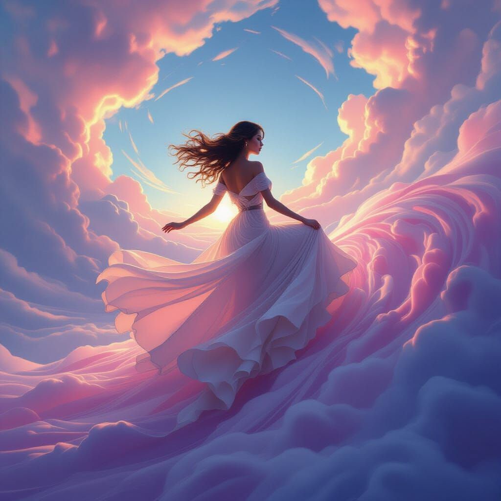 Woman Riding a Dreamscape in Surreal Digital Art