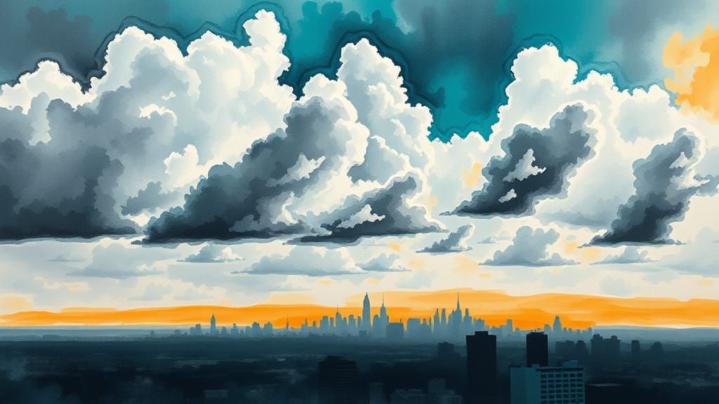 Vast Ominous Cityscape Unfolds in Abstract Teal and Orange