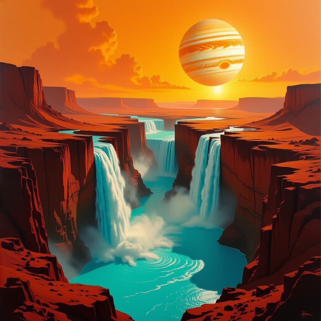 Martian Waterfall with Jupiter, Giger-esque Painting