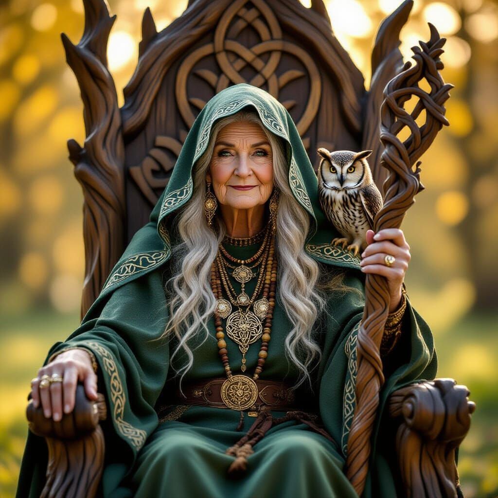 Celtic Crone Witch on Tree Trunk Throne with Owl Familiar