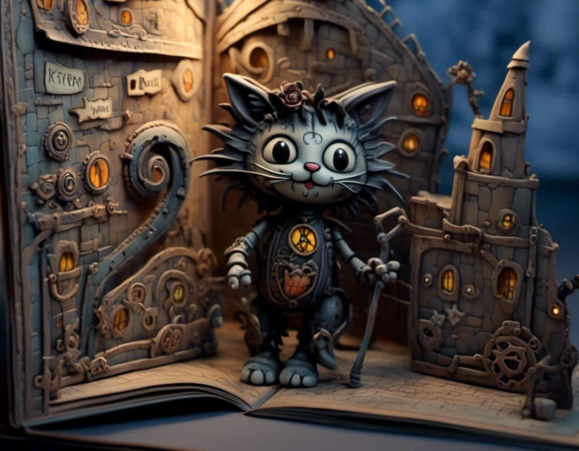 Gothic Cat in Pop-up Book Style