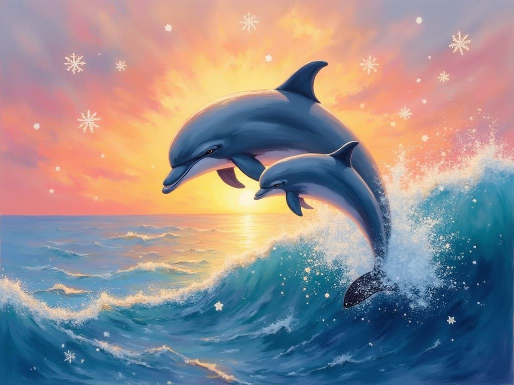 Dolphin and Baby Leap in Serene Oceanic Sunset