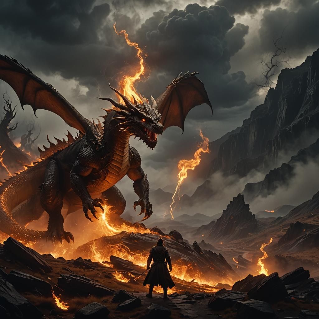 Epic Dragon's Fiery Breath in Stormy Valley