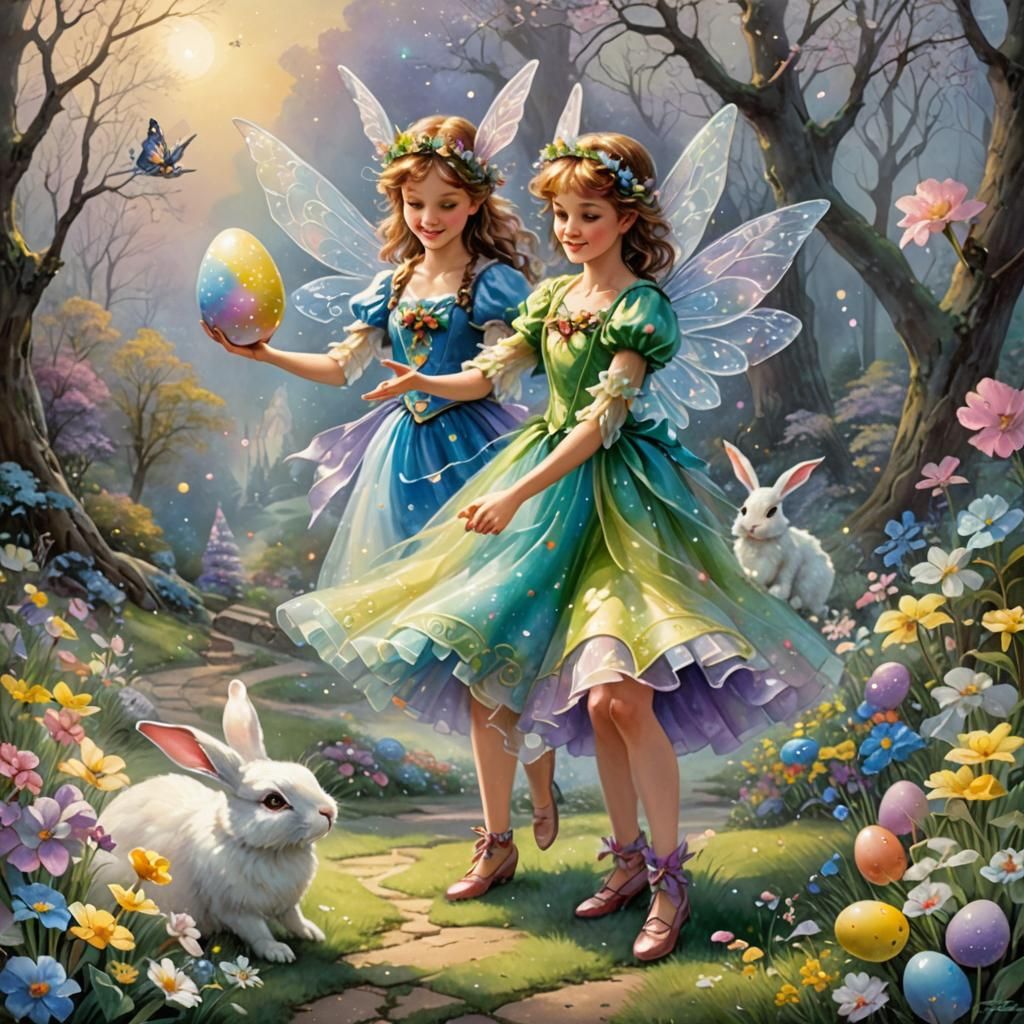 Easter Fairy and Bunny: Watercolor Fantasy