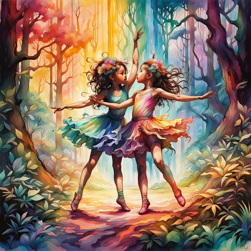Dancers Under Rainbow in Magical Forest