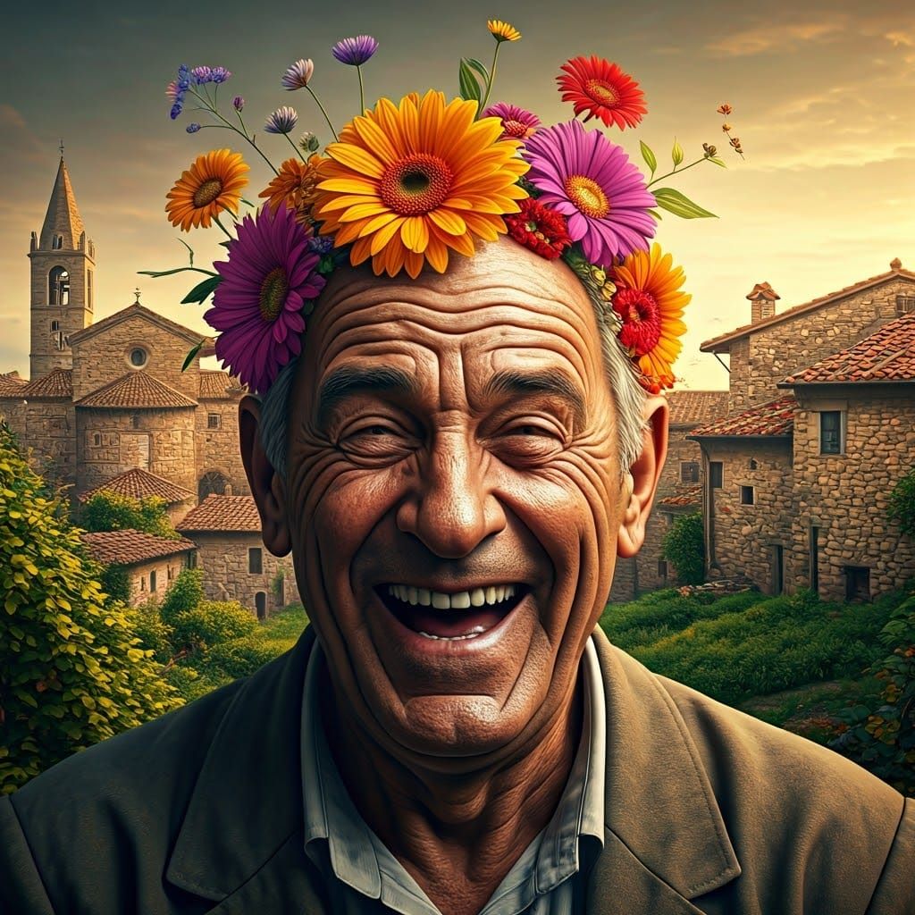 Joyful Old Man with Floral Hair, Renaissance Style