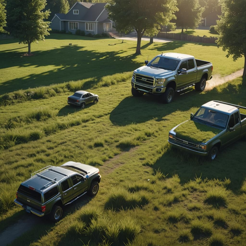 RC Pickup Truck Races Across Grassy Yard