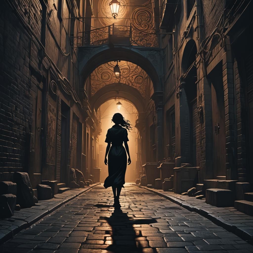 Mystical Woman in Dark Alley: Fantasy Concept Art