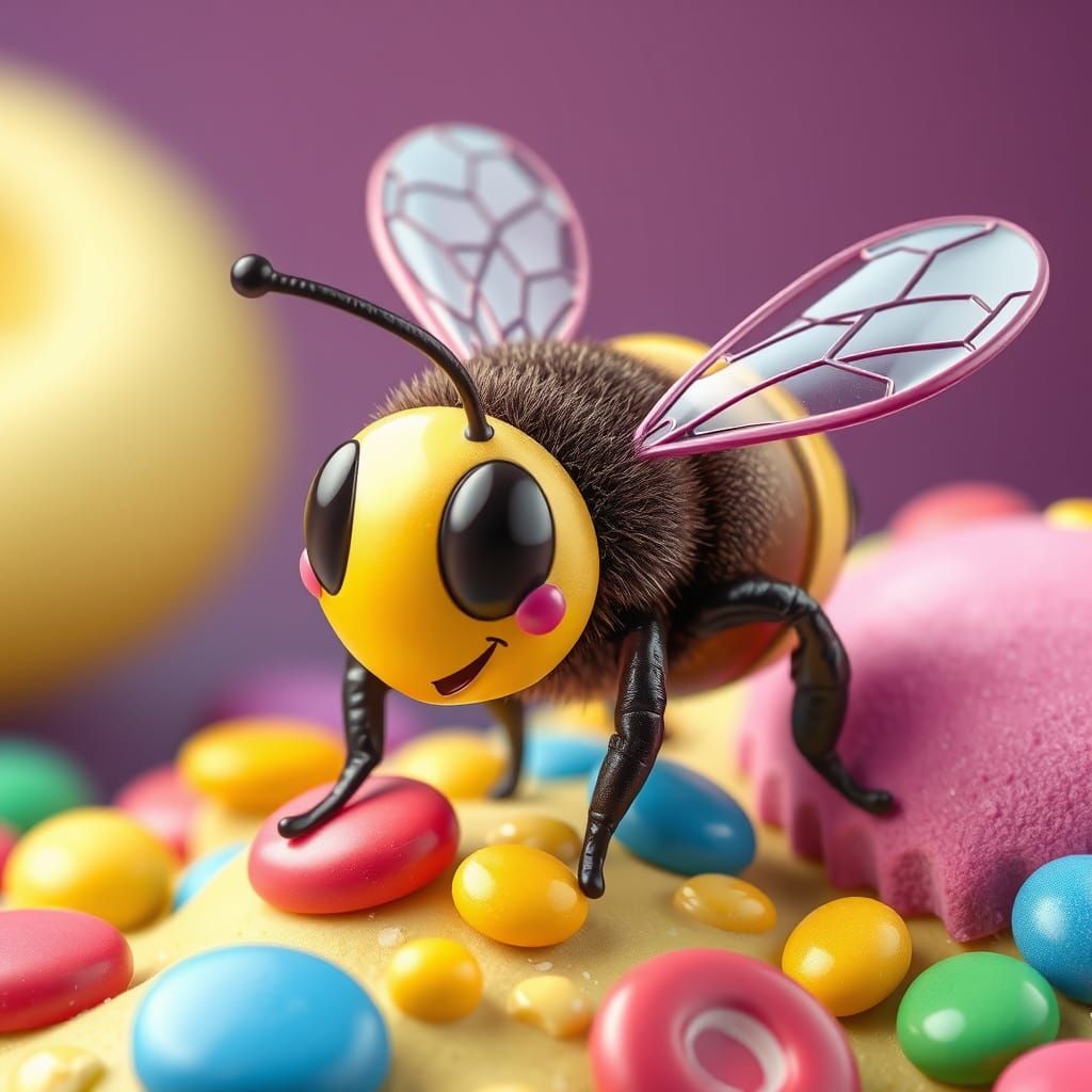 Vibrant Digital Bee in Whimsical Candyland-Inspired Art
