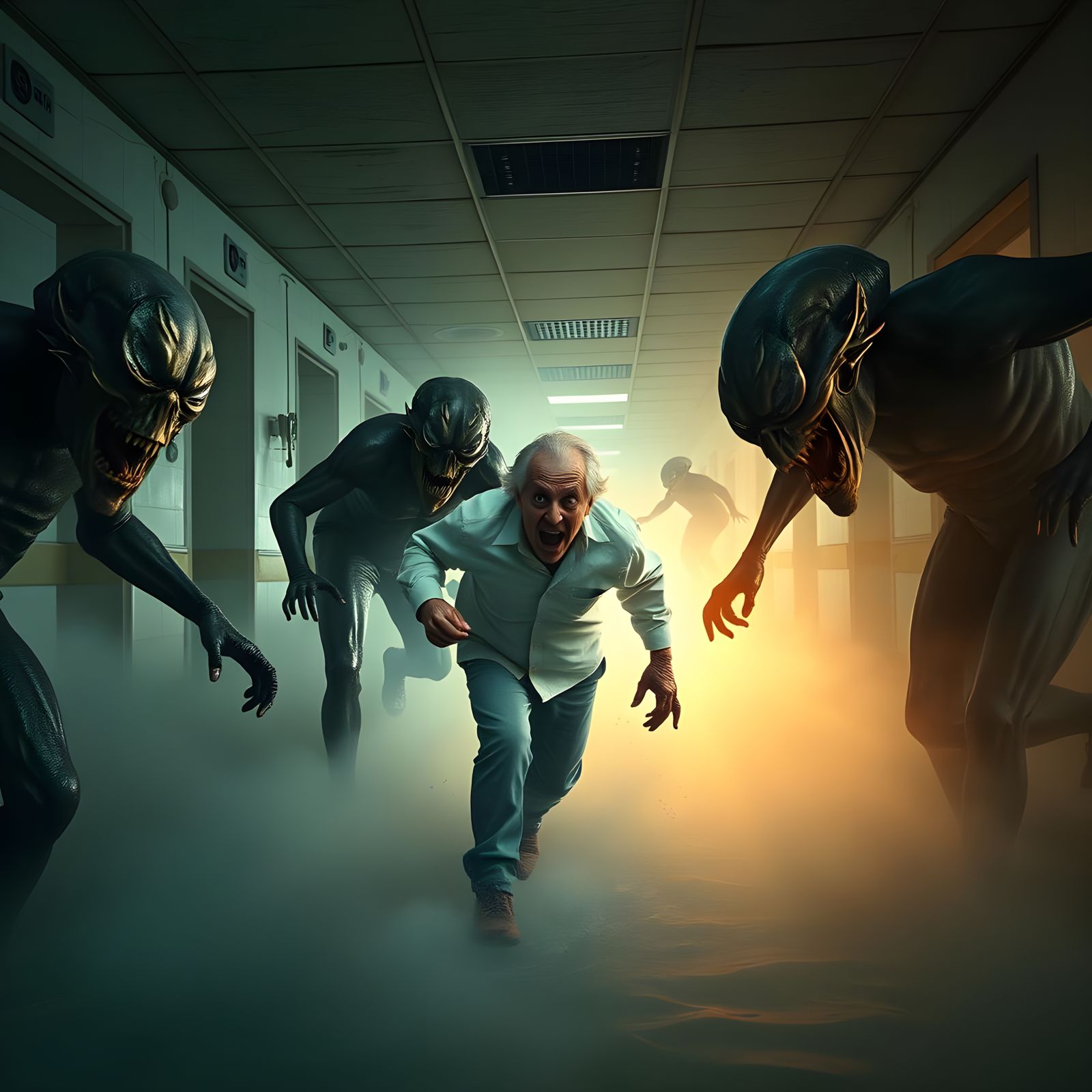 Ghostly Monsters Chase Man in Abandoned Hospital