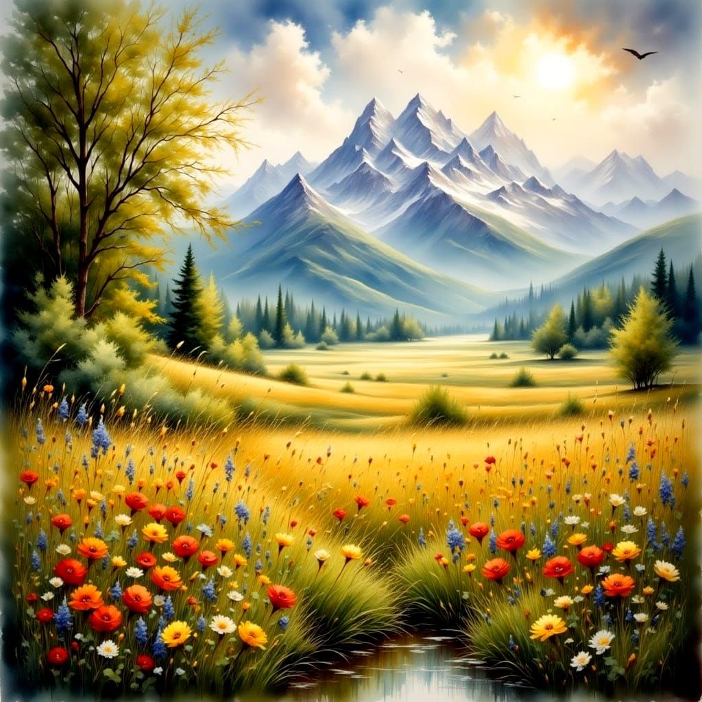 Sun-Drenched Meadow and Swiss Alps Landscape