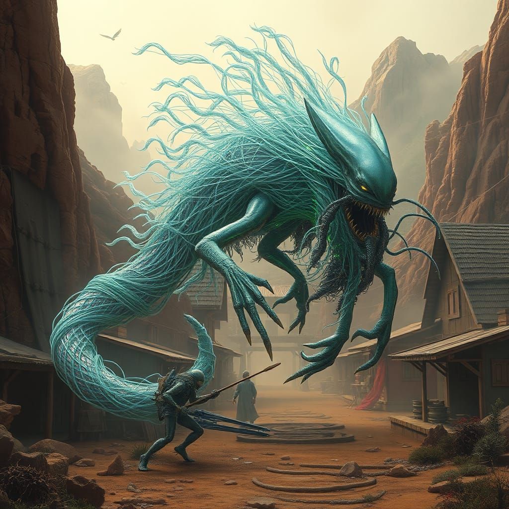 Majestic String Beast Battles Alien in Martian Village
