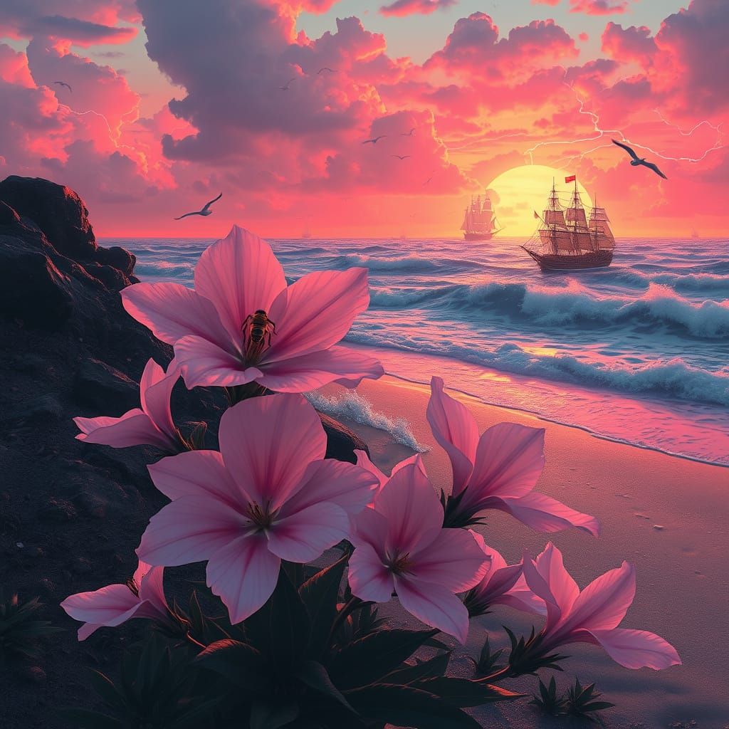 Ethereal Pink Flowers with Bee at Sunset