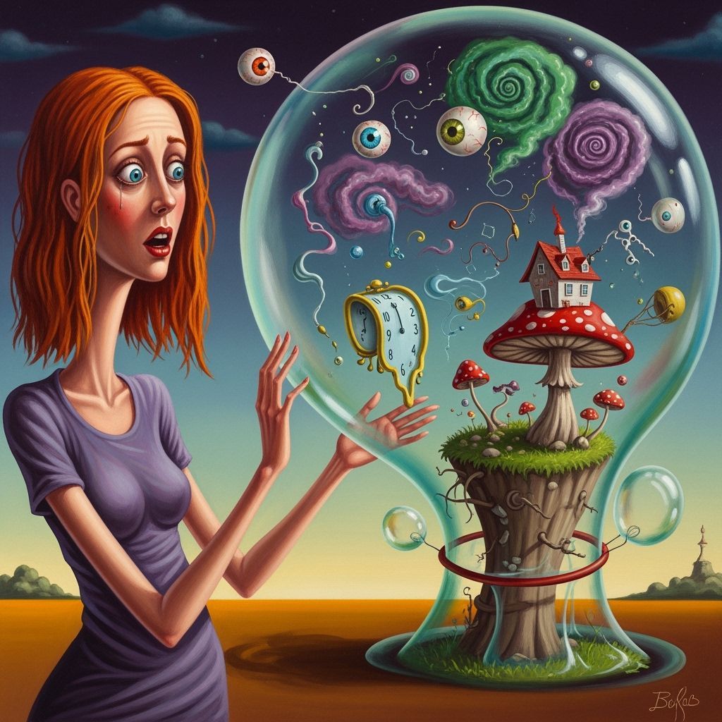 Surrealist Painting of Woman Examining Mind Bubble