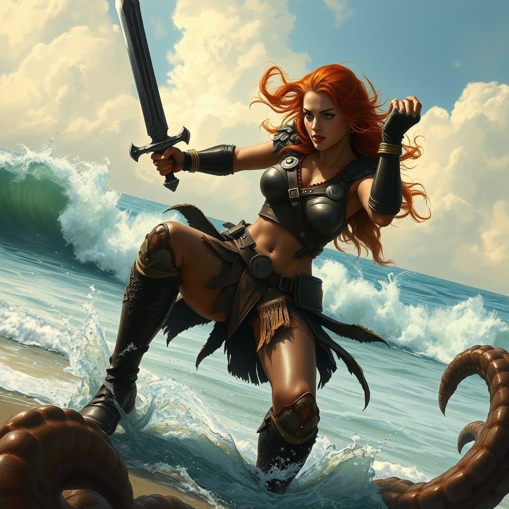 Warrior Battles Kraken on Beach in Realistic Style