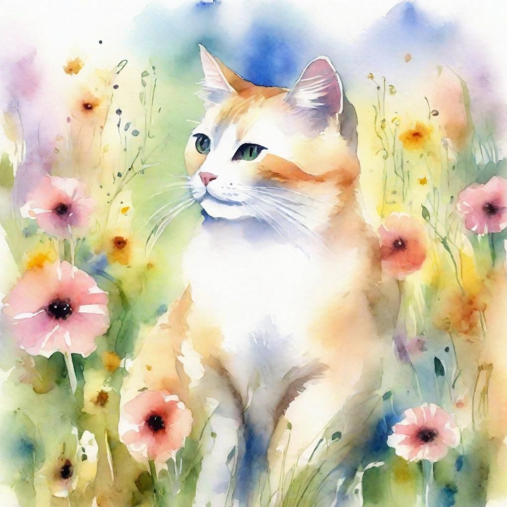 Cat in Flower Meadow with Musical Notes: Watercolor