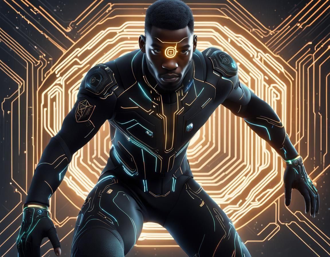 Heroic Black Man in Futuristic Sci-Fi Suit