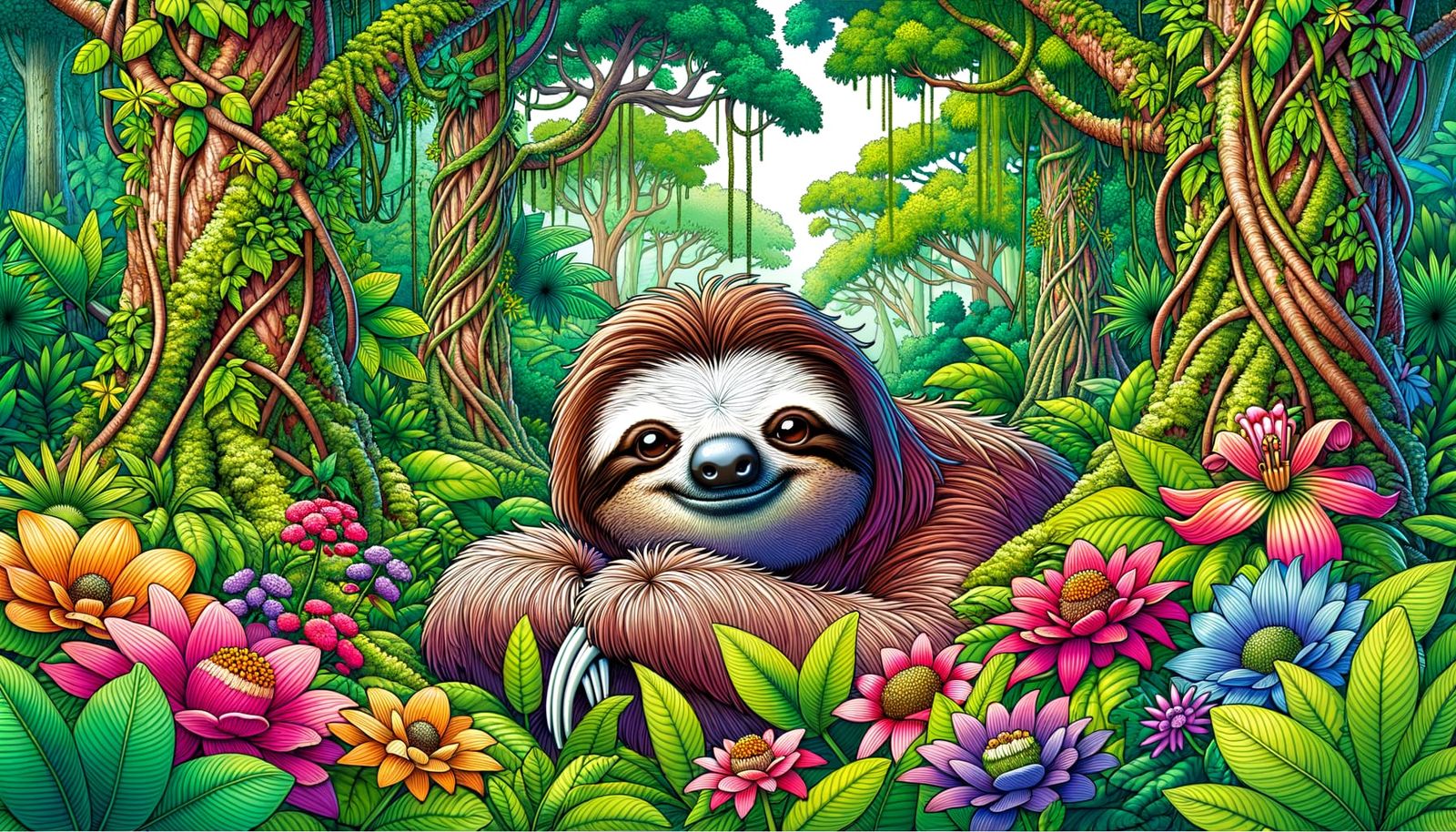 Cute colourful Amazon forest sloth surrounded by wildflowers...