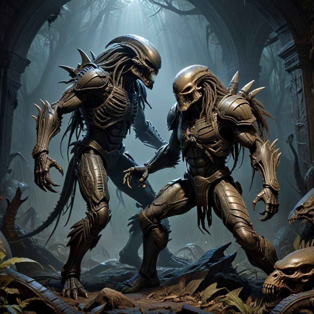 Cyberpunk Alien Battles a Predator in a Dark Urban Jungle