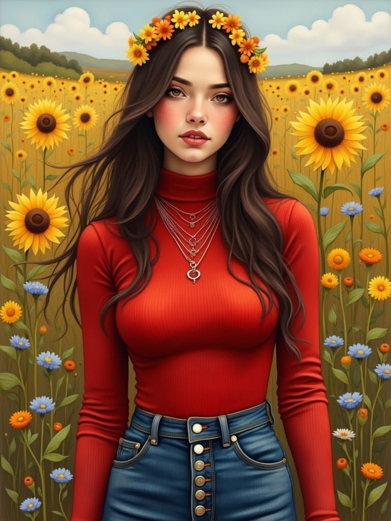 Curvy Brunette Girl Surrounded by Sunflowers and Cornflowers...