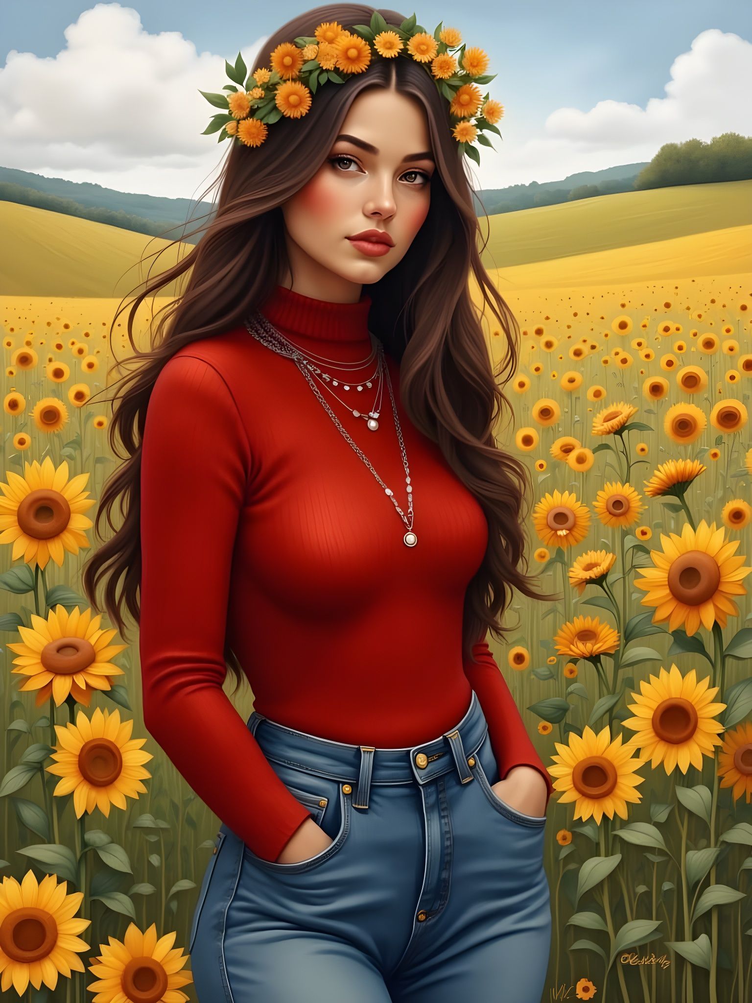 Ethereal Curvy Girl in a Field of Sunflowers