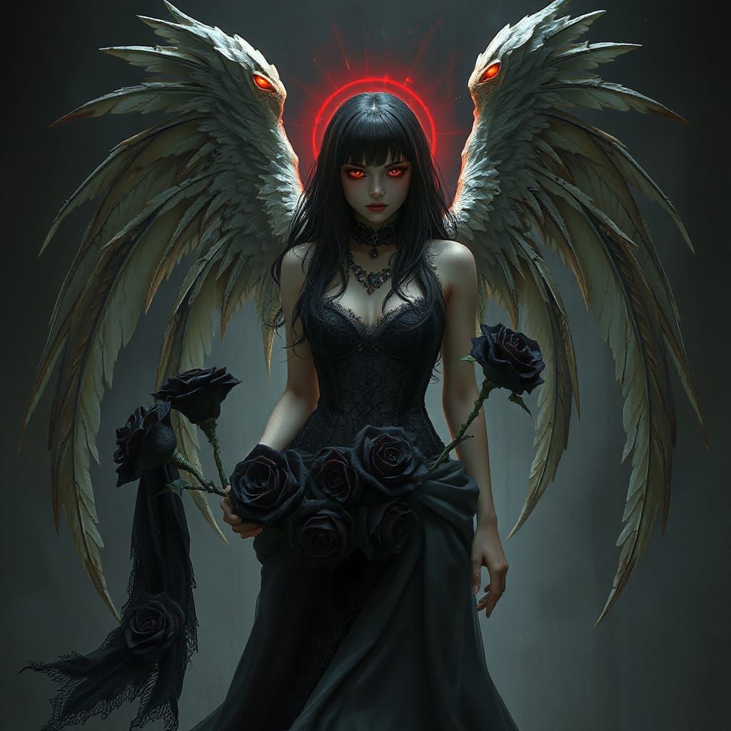 Gothic Angel with Red Eyes and Black Roses