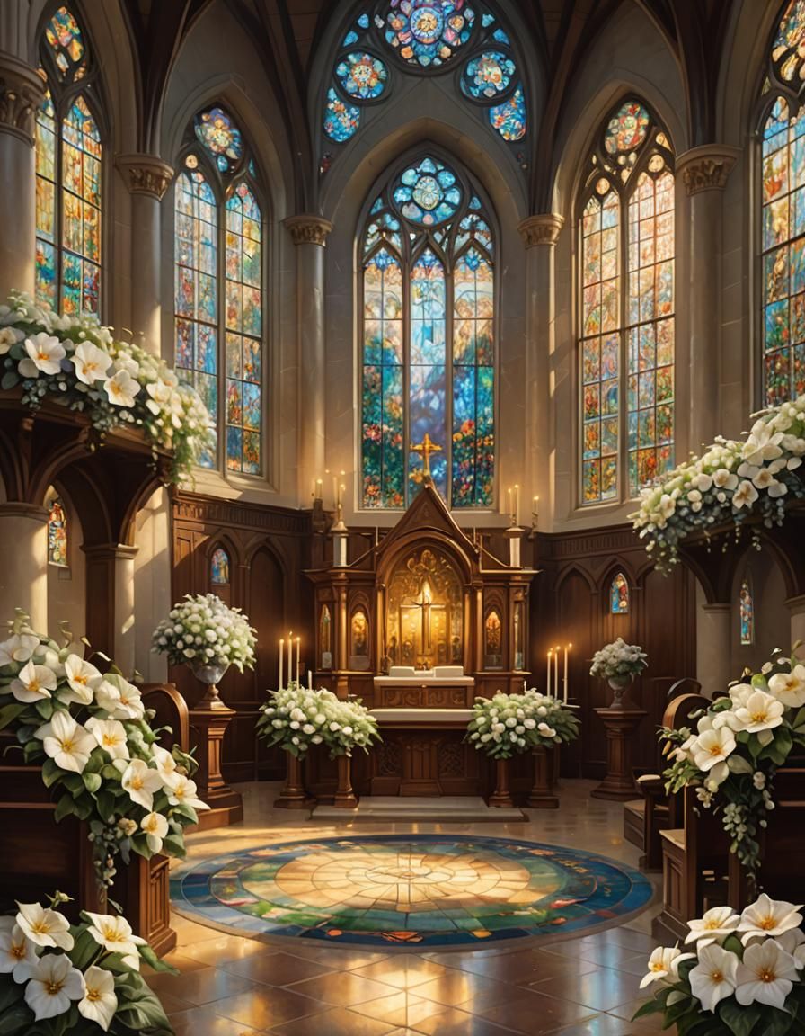 Church Interior with Gloxinia Flowers, Kinkade Style