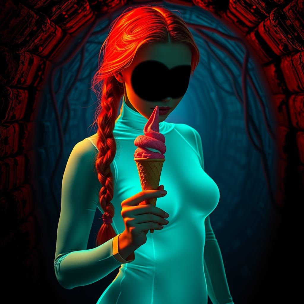 Fiery Woman with Ice Cream: A Neon Surreal Illustration