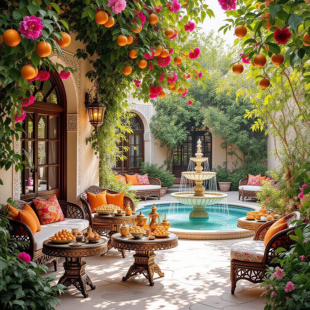 Enchanted Garden with Golden Desserts, Dreamlike Art