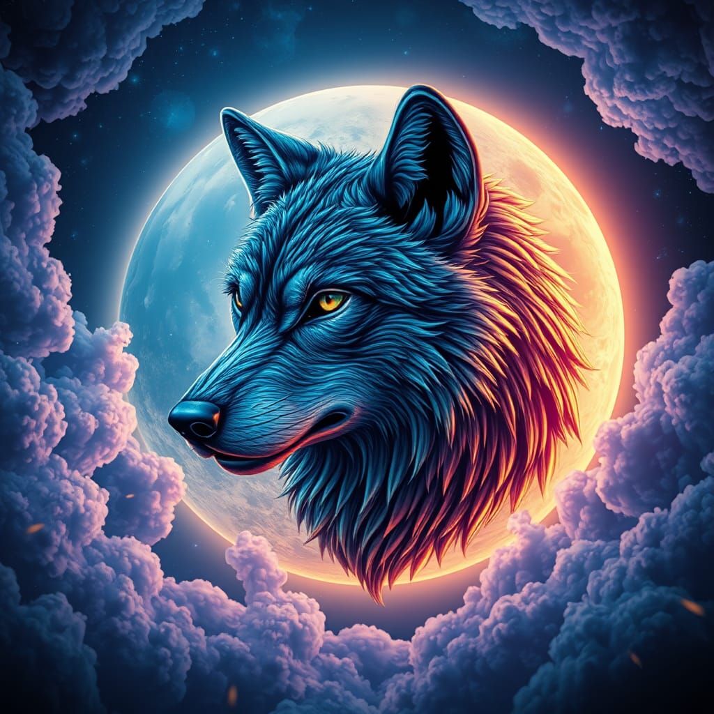Majestic Wolf Head in Lunar Glow: Dreamlike Astral Art