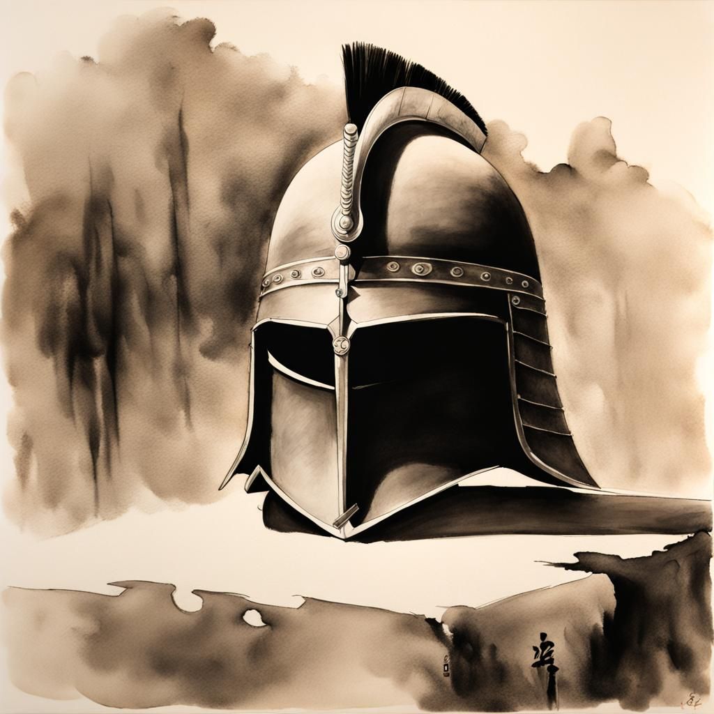 Warrior's Helmet: Sumi-e Ink Wash Painting